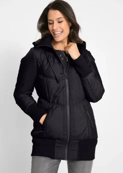 bonprix bonprix Chaquetas Y Abrigos>Abrigo acolchado con cinturilla cómoda ancha y capucha Negro