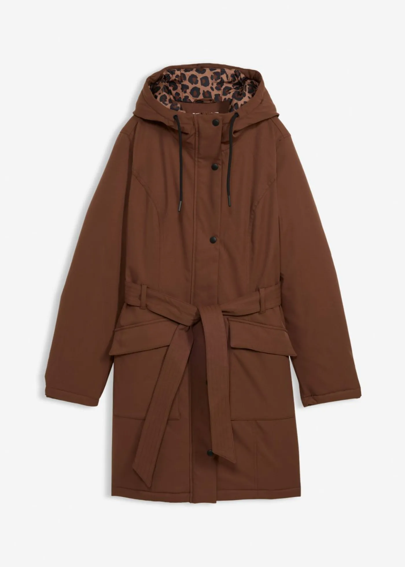 Mujer bonprix bonprix Abrigo corto para exteriores con cinturón, material impermeable y forro de leopardo