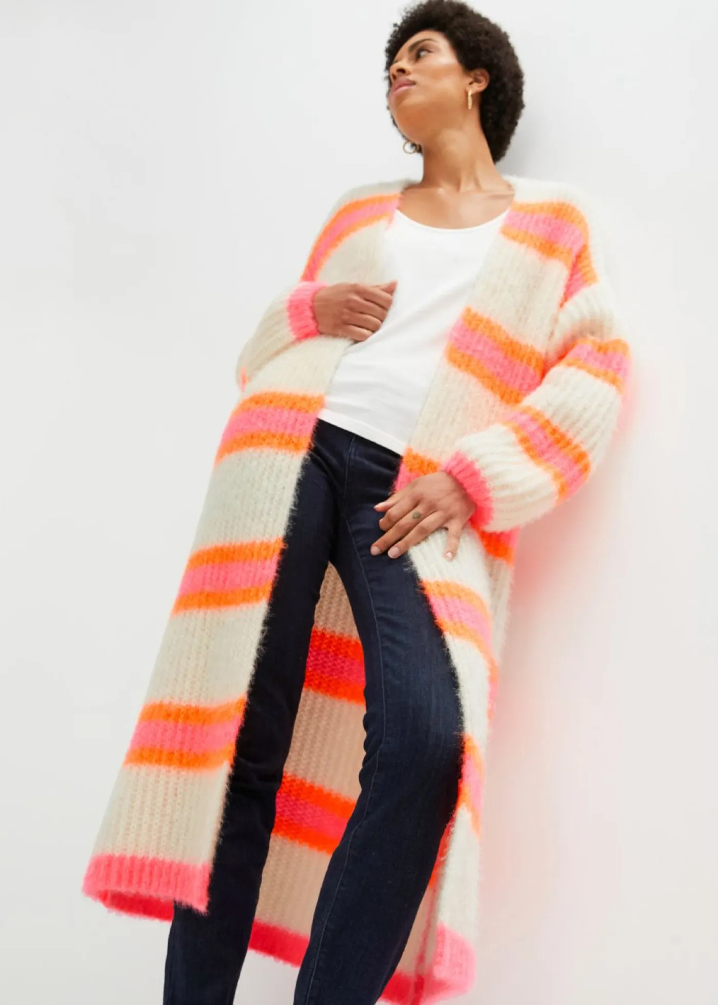 bonprix bonprix Jerséis|Ropa De Punto>Abrigo de punto oversize blanco empolvado/rosa caliente/naranja fosforito rayas horizontales