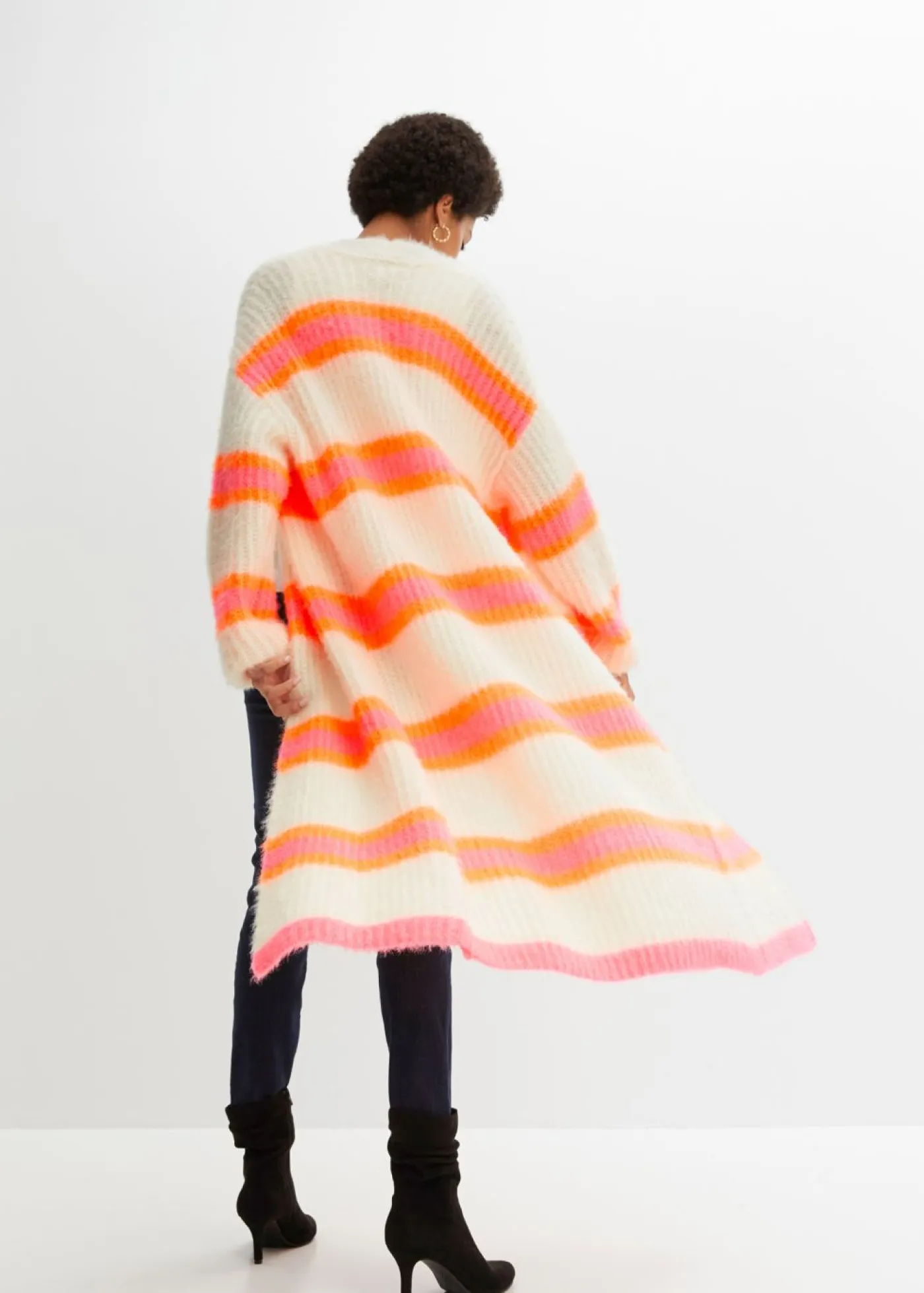 bonprix bonprix Jerséis|Ropa De Punto>Abrigo de punto oversize blanco empolvado/rosa caliente/naranja fosforito rayas horizontales