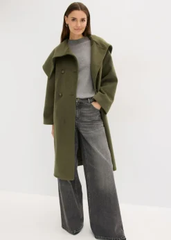 Mujer bonprix bonprix Abrigo holgado con aspecto de lana y cuello ancho