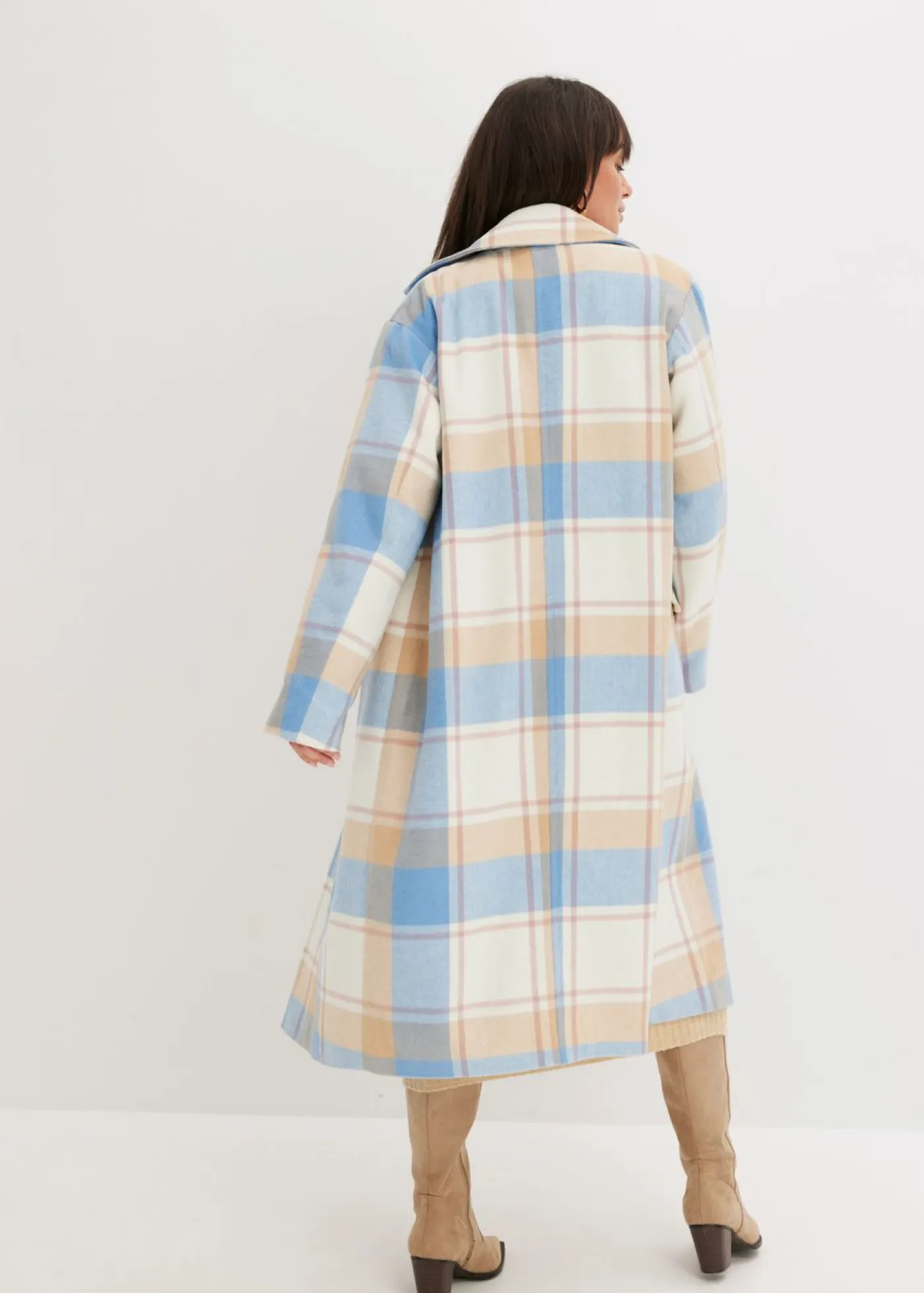 bonprix bonprix Chaquetas Y Abrigos>Abrigo oversize con look de lana azul brillante-blanco lana-café con leche-rosa palo a cuadros