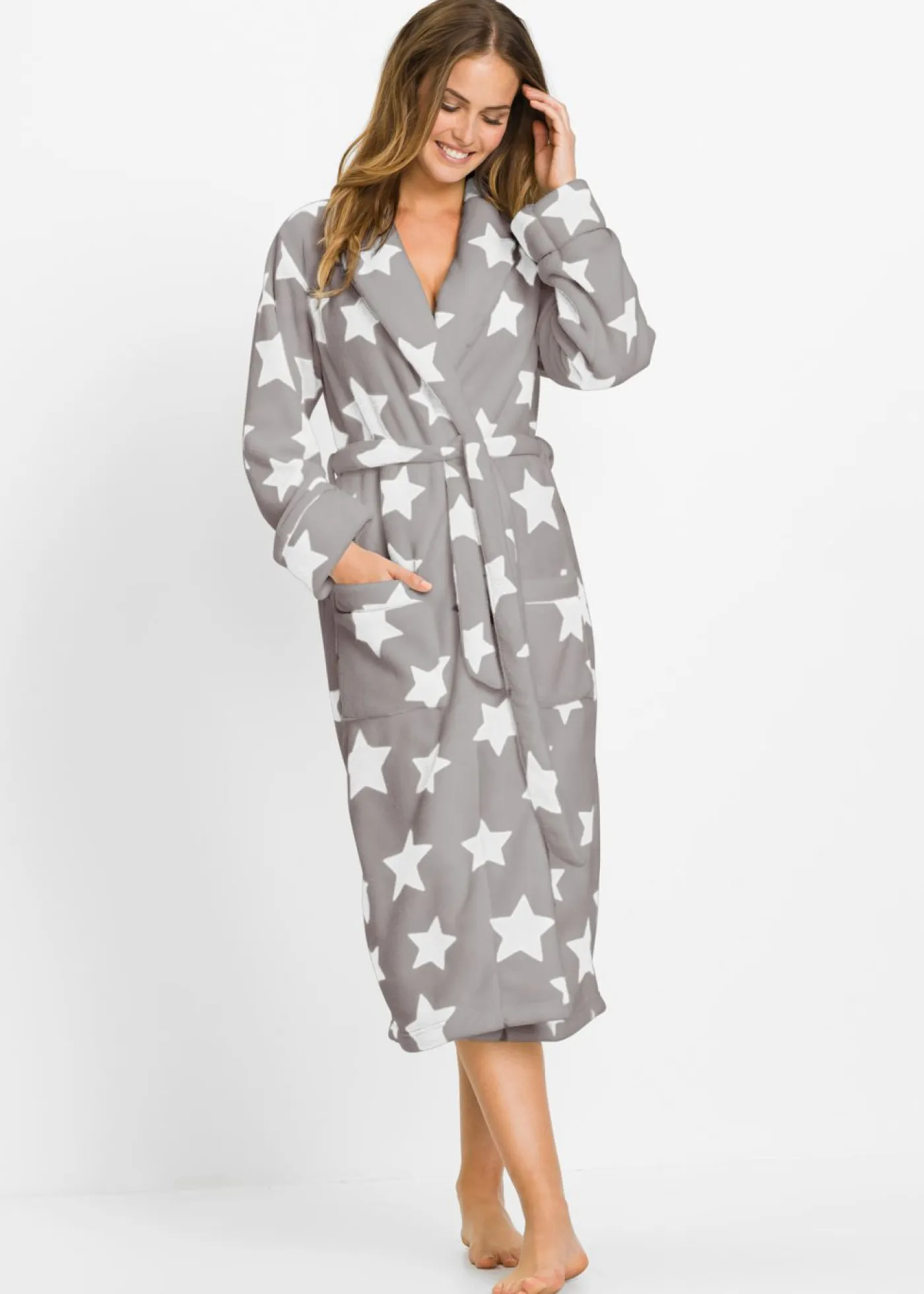 bonprix bonprix Albornoces Y Batas>Albornoz de felpa gris-blanco lana, con estampado