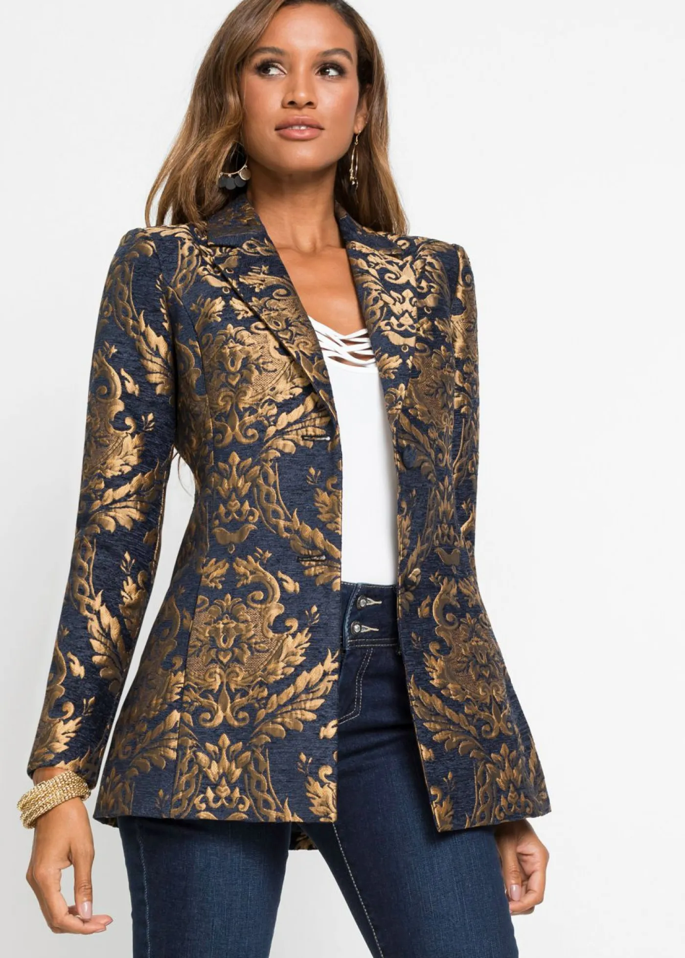 bonprix bonprix Blazers|Ropa Elegante>Americana de jacquard brillante Azul marino/dorado con estampado gráfico