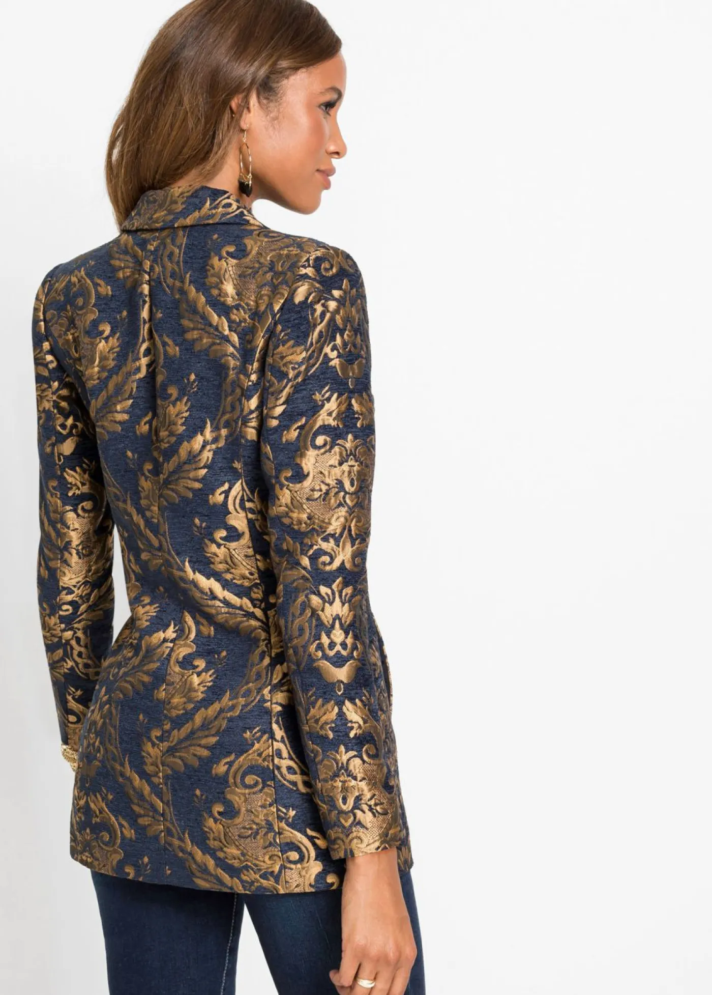 bonprix bonprix Blazers|Ropa Elegante>Americana de jacquard brillante Azul marino/dorado con estampado gráfico