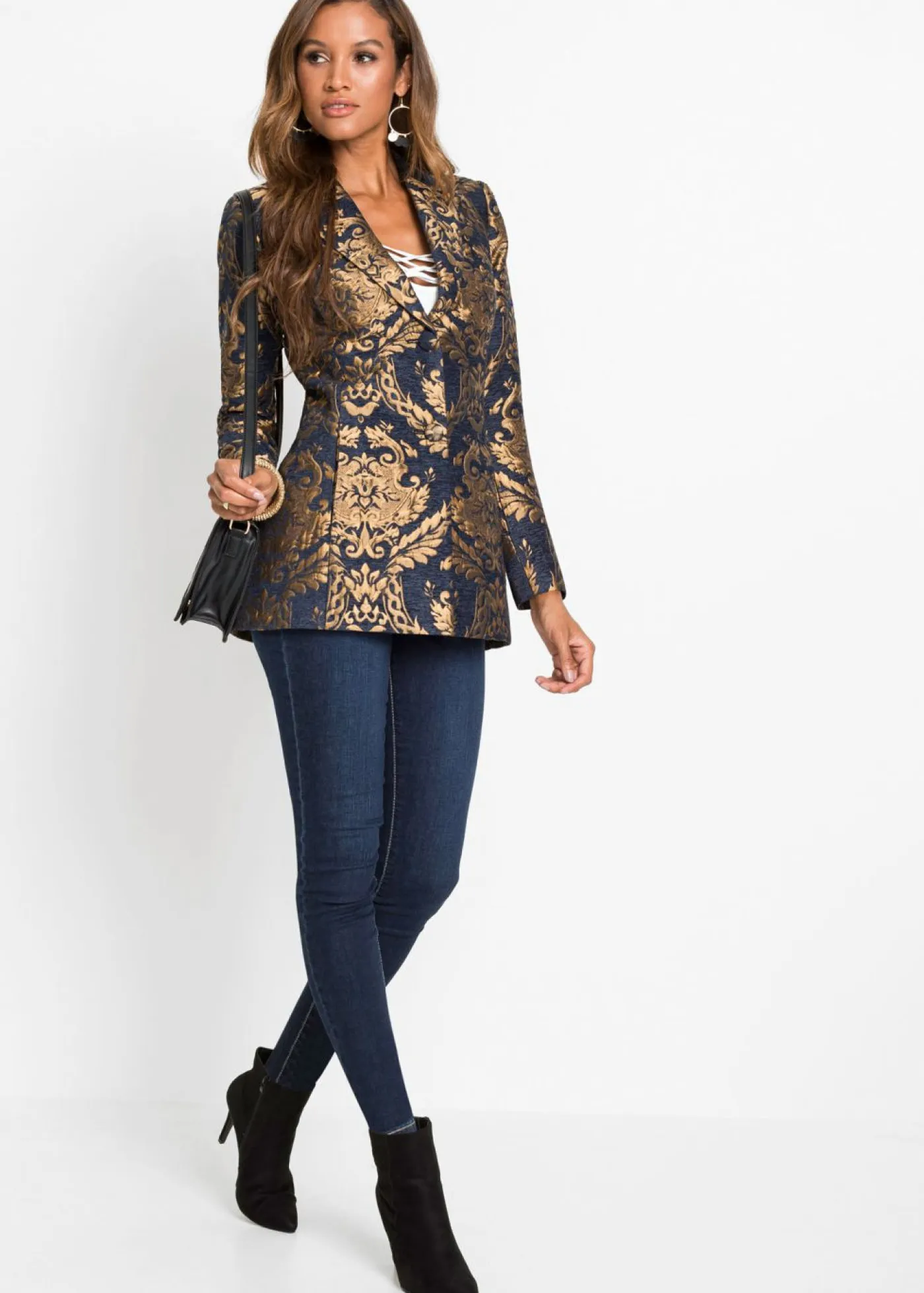 bonprix bonprix Blazers|Ropa Elegante>Americana de jacquard brillante Azul marino/dorado con estampado gráfico