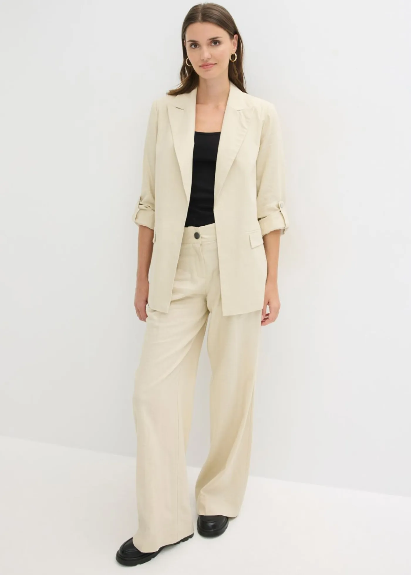 bonprix bonprix Blazers|Novedades>Americana de lino con mangas fruncidas Arena claro