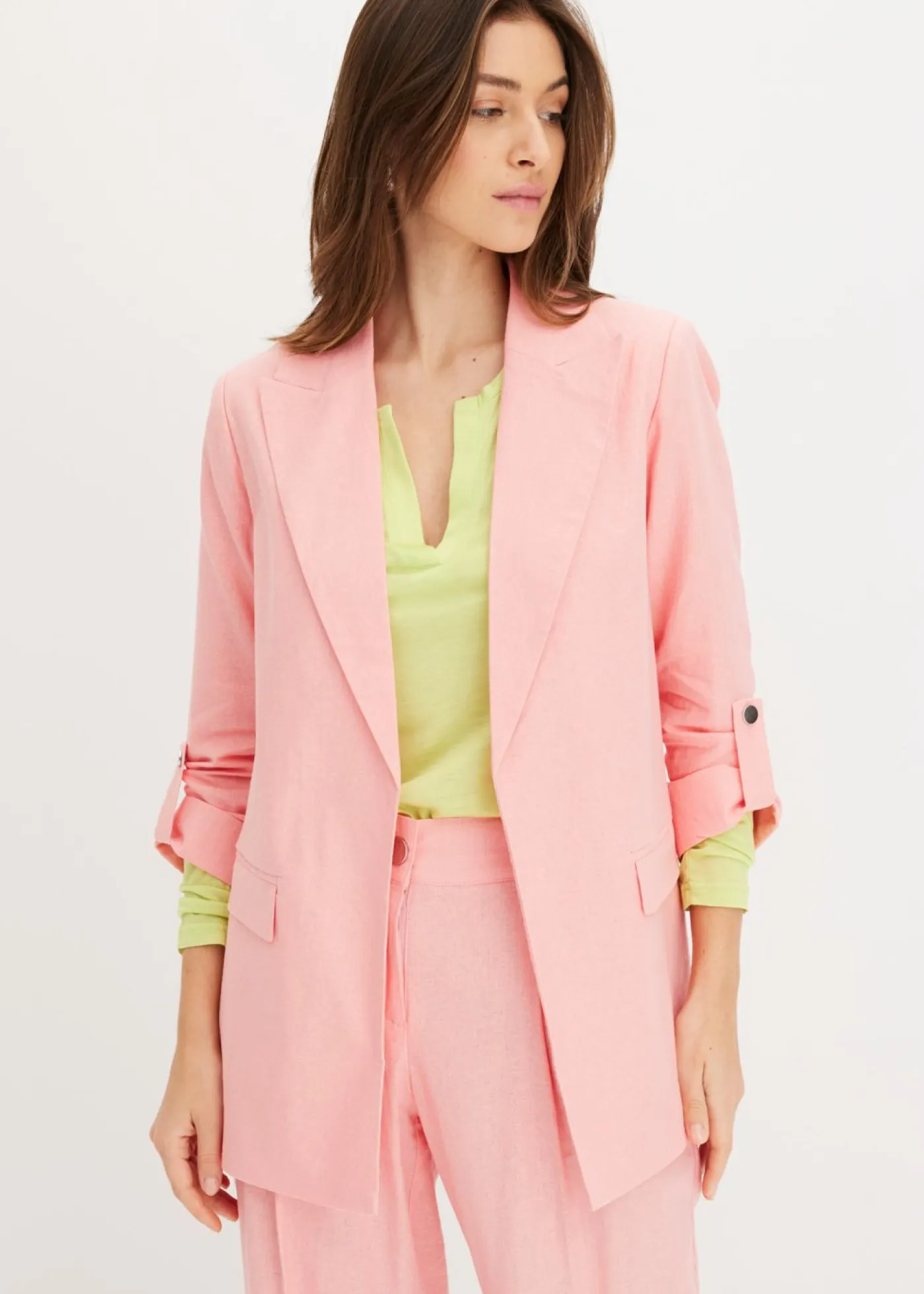 bonprix bonprix Blazers|Novedades>Americana de lino con mangas fruncidas rosa pálido