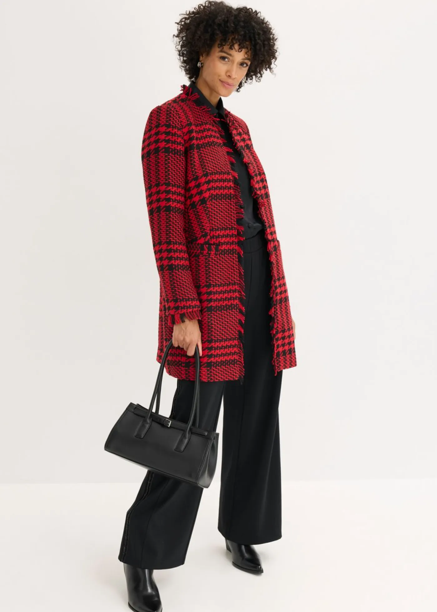 bonprix bonprix Blazers>Americana larga de bouclé rojo intenso-negro a cuadros