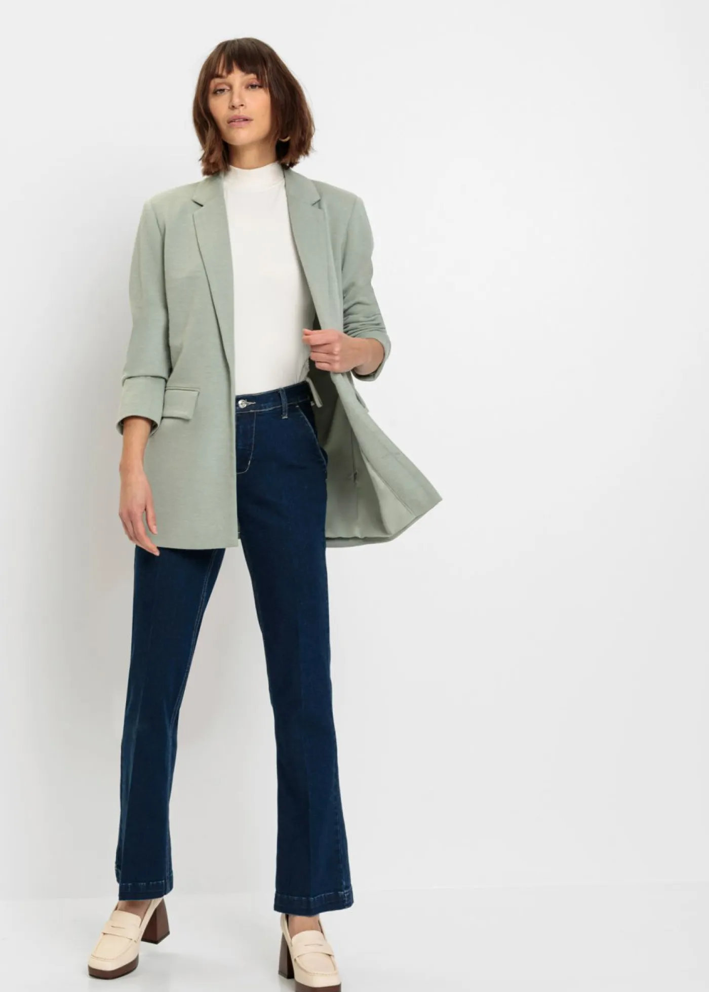 bonprix bonprix Blazers>Americana larga de punto con bolsillos Verde ahumado jaspeado