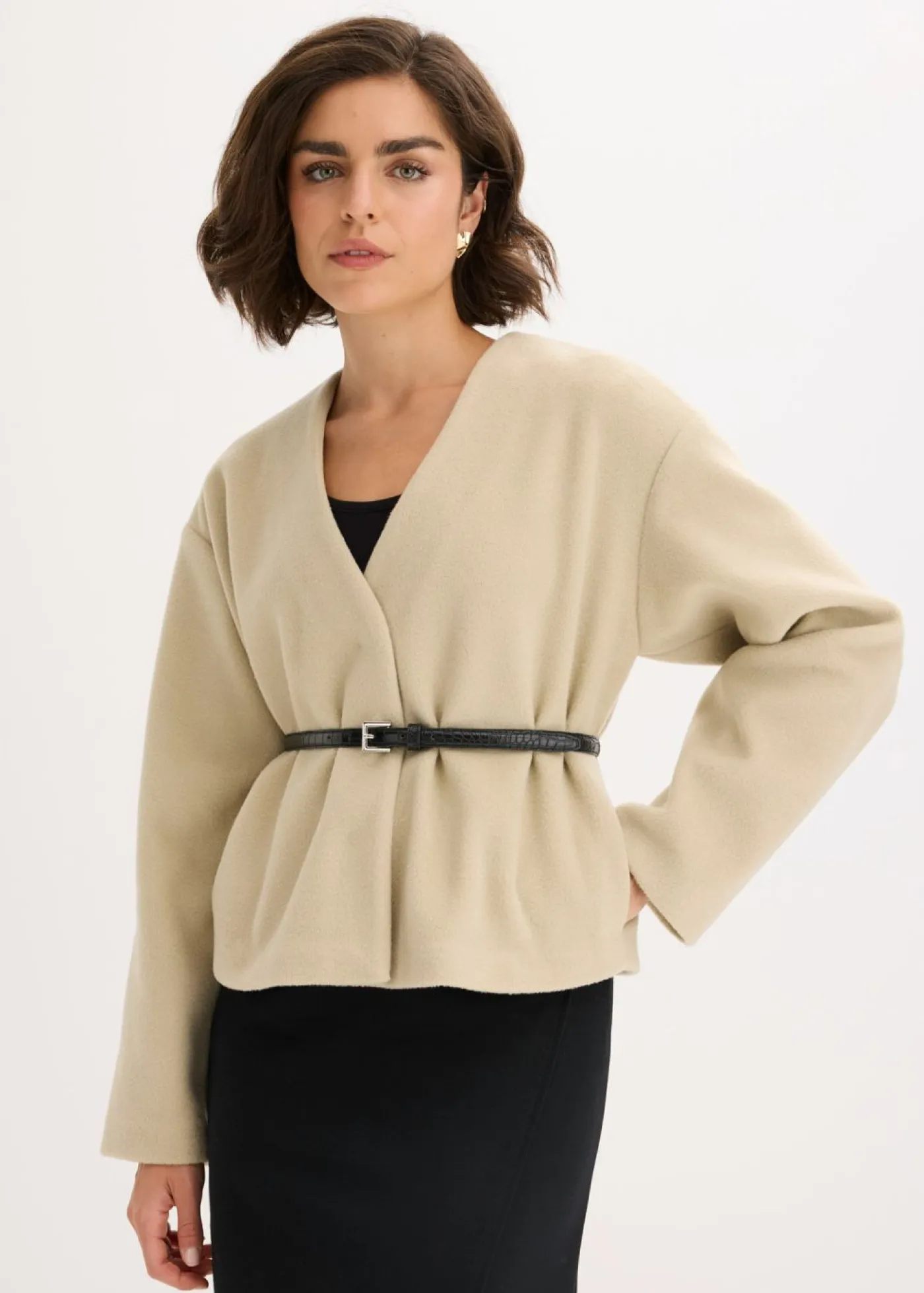 Mujer bonprix bonprix Americana oversized con cinturón en efecto lana, sin forro