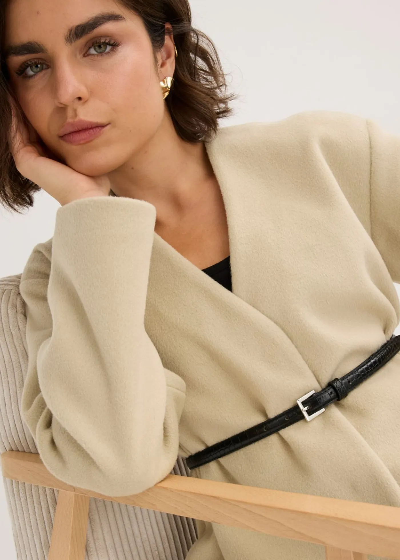 Mujer bonprix bonprix Americana oversized con cinturón en efecto lana, sin forro