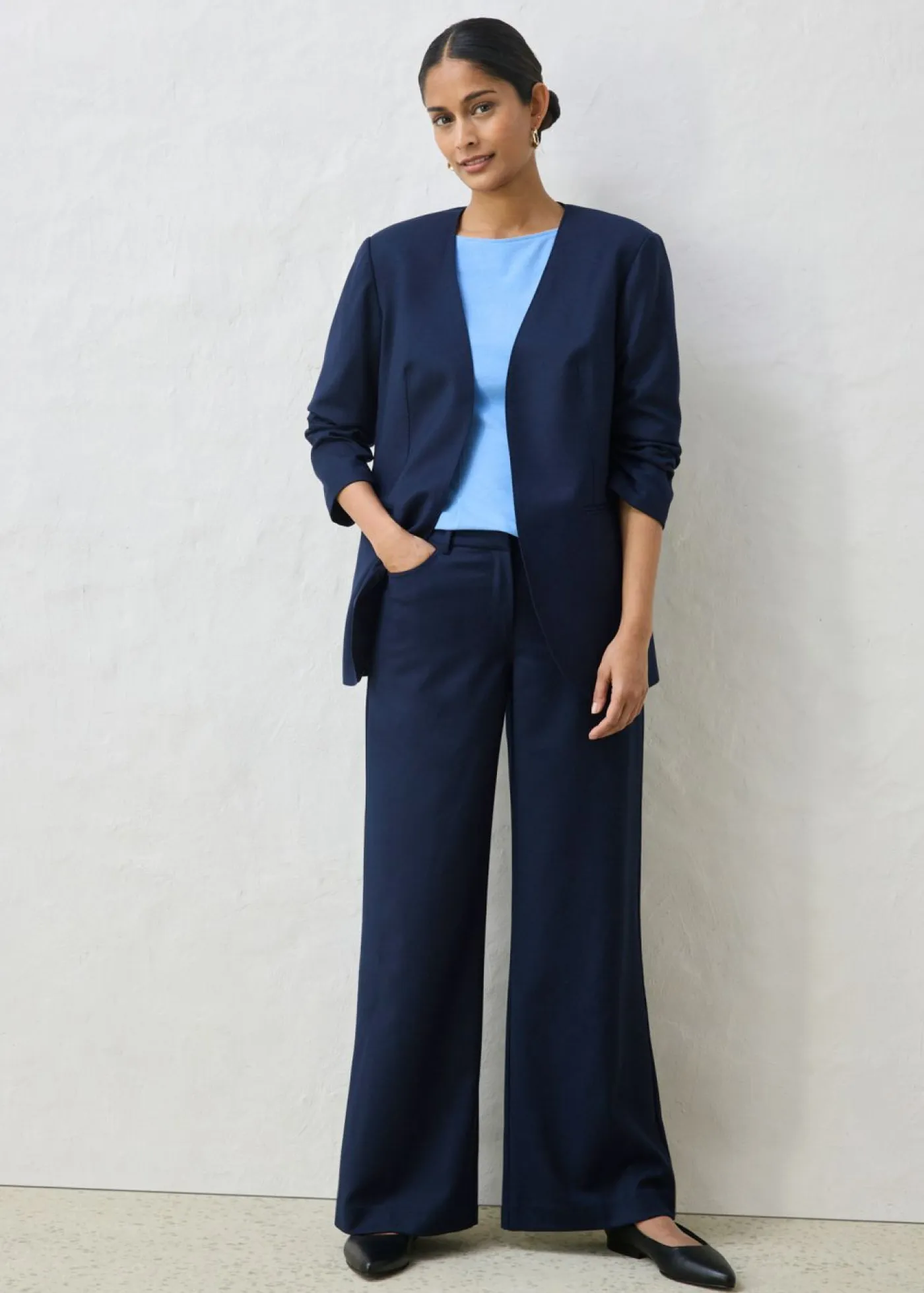 bonprix bonprix Premium|Blazers>Americana sin cuello de suave mezcla de lana Azul marino