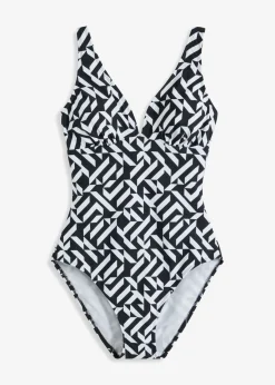 bonprix bonprix Vestidos Moldeadores|Bañadores>Bañador con ligero efecto moldeador y escote en V Negro-blanco