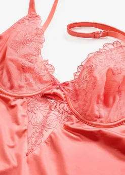 bonprix bonprix Lencería|Corsés>Babydoll de tejido brillante con bordado floral brillante rosa coral