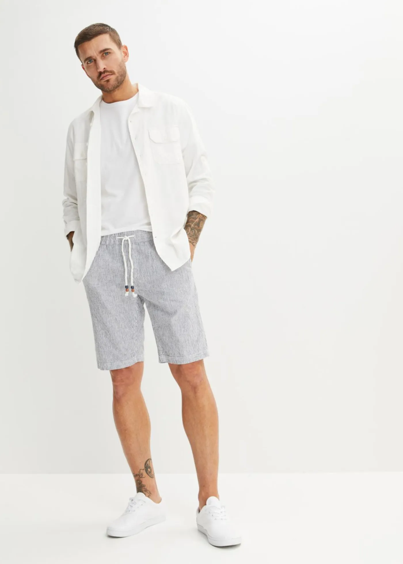 bonprix bonprix Shorts|Pantalones>Bermudas con lino y corte regular azul marino-blanco con rayas