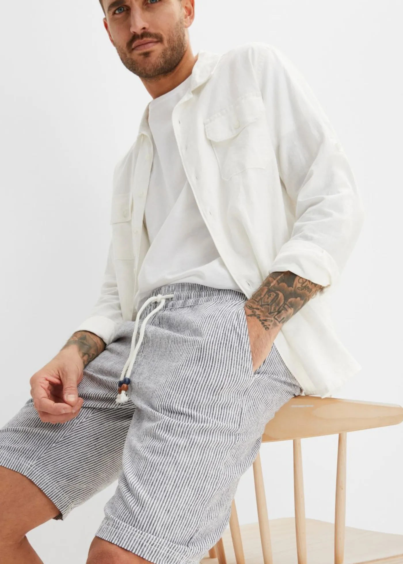 bonprix bonprix Shorts|Pantalones>Bermudas con lino y corte regular azul marino-blanco con rayas