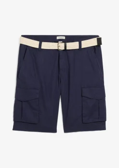 bonprix bonprix Shorts|Básicos En Rebajas>Bermudas tipo cargo de mezcla de lino con corte regular y cinturón Azul marino