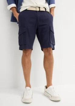 bonprix bonprix Shorts|Básicos En Rebajas>Bermudas tipo cargo de mezcla de lino con corte regular y cinturón Azul marino