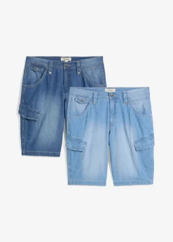 bonprix bonprix Shorts|Vaqueros>Bermudas vaqueras ligeras tipo cargo de algodón puro con corte relajado (2 unidades) azul piedra+azul claro denim