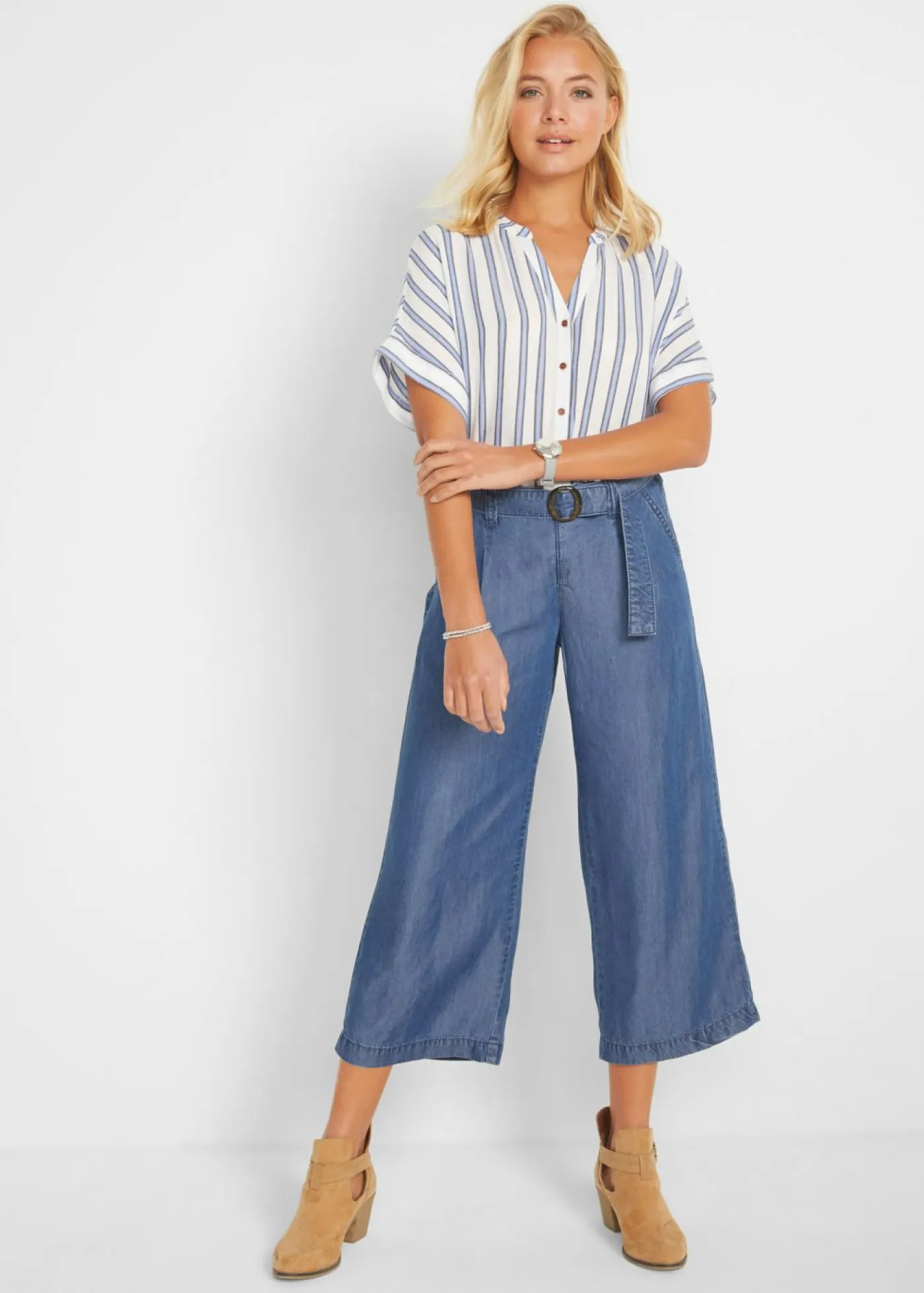 bonprix bonprix Camisas Y Blusas>Blusa arrugada de viscosa fluida Azul de rayas