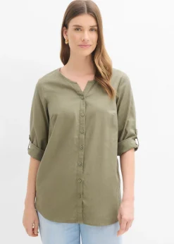 bonprix bonprix Camisas Y Blusas|Novedades>Blusa con lino y mangas 3/4 Verde oliva