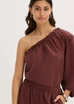 bonprix bonprix Camisas Y Blusas>Blusa con un hombro al descubierto y contenido de lino Café
