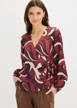 bonprix bonprix Camisas Y Blusas>Blusa cruzada de satén fluido Rojo burdeos-beige mate estampado