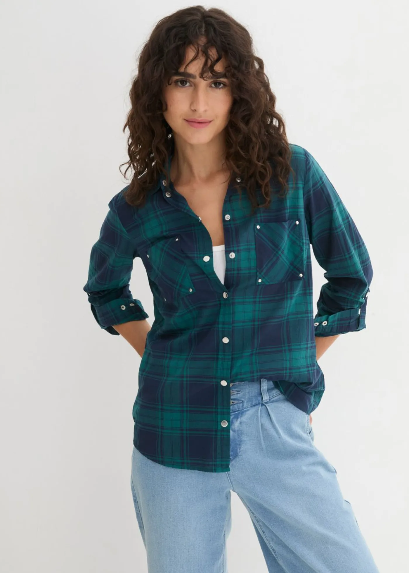 bonprix bonprix Camisas Y Blusas>Blusa de cuadros de algodón puro verde azulado / azul marino a cuadros