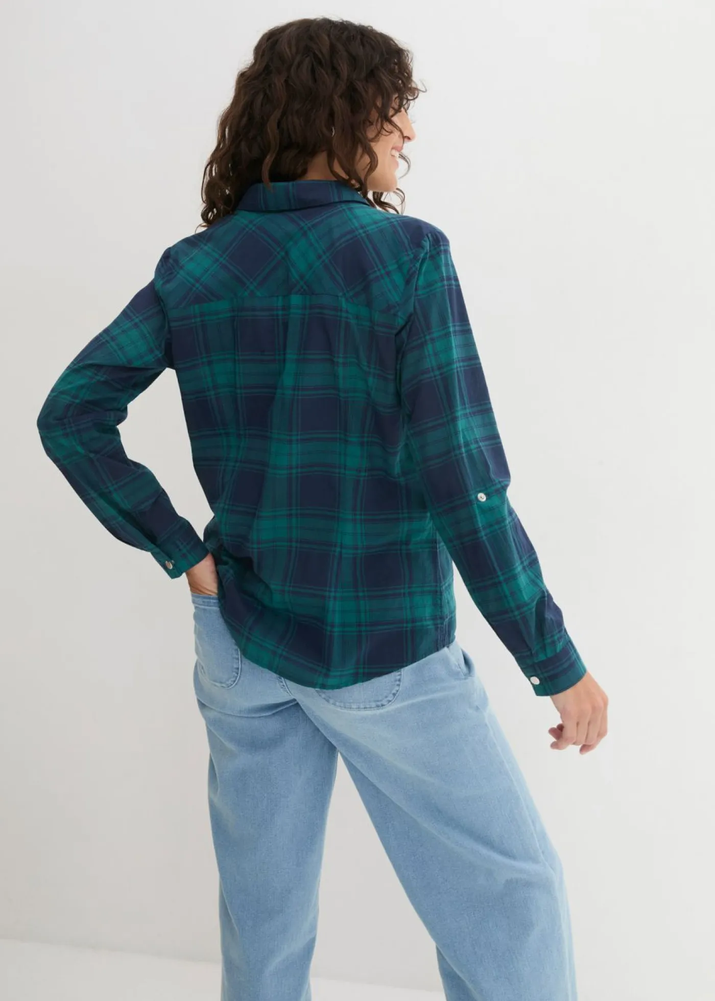 bonprix bonprix Camisas Y Blusas>Blusa de cuadros de algodón puro verde azulado / azul marino a cuadros