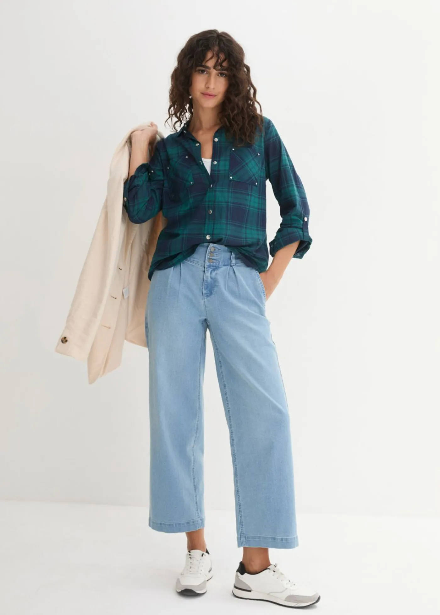 bonprix bonprix Camisas Y Blusas>Blusa de cuadros de algodón puro verde azulado / azul marino a cuadros