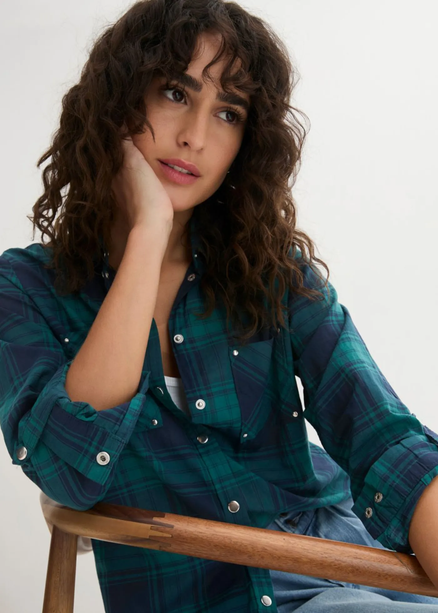 bonprix bonprix Camisas Y Blusas>Blusa de cuadros de algodón puro verde azulado / azul marino a cuadros