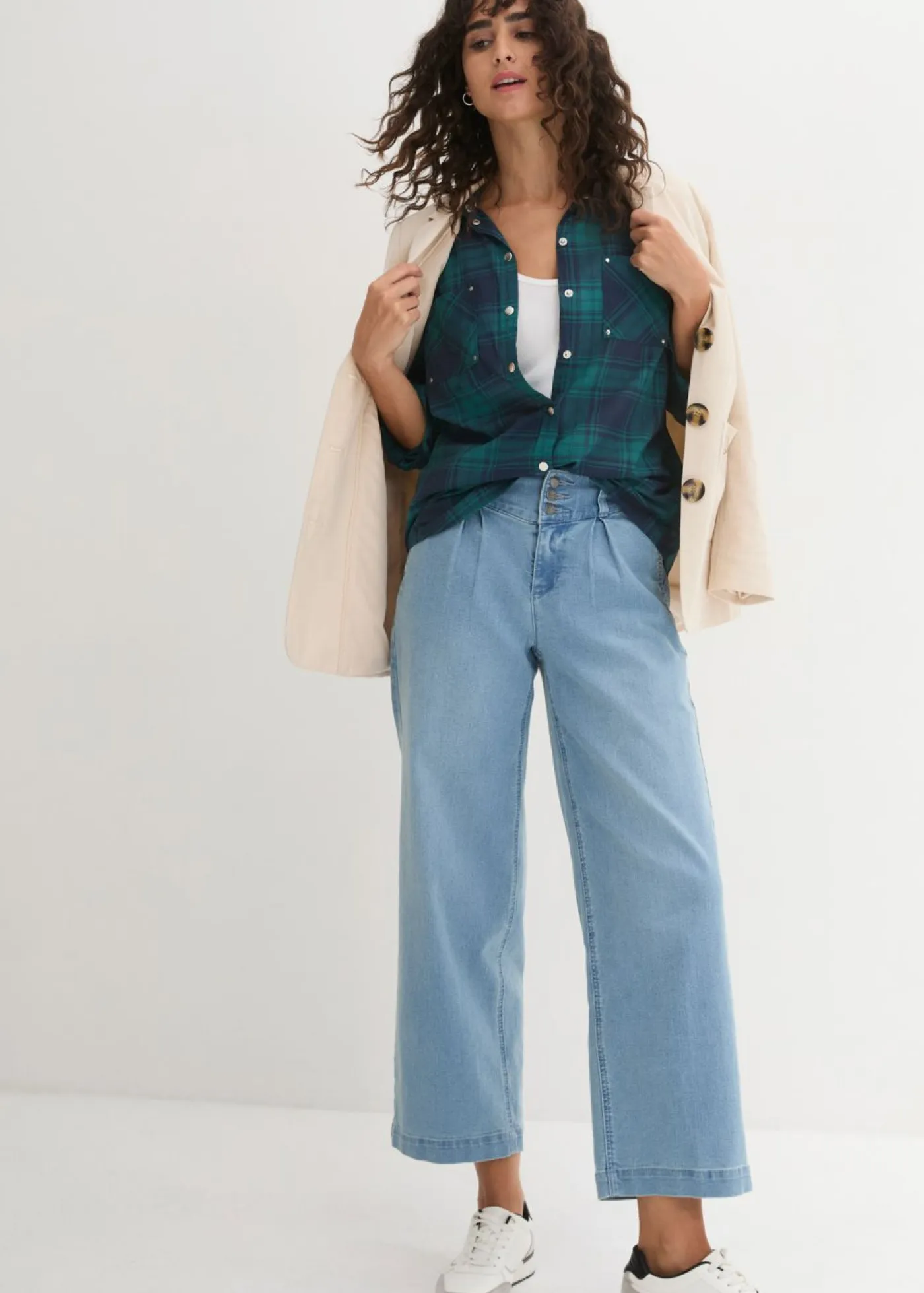 bonprix bonprix Camisas Y Blusas>Blusa de cuadros de algodón puro verde azulado / azul marino a cuadros