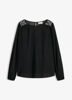 bonprix bonprix Camisas Y Blusas|Ropa Elegante>Blusa de gasa con adornos de piedras brillantes Negro