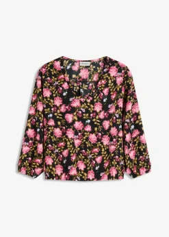 bonprix bonprix Camisas Y Blusas>Blusa de gasa con fruncido en el bajo Negro de flores