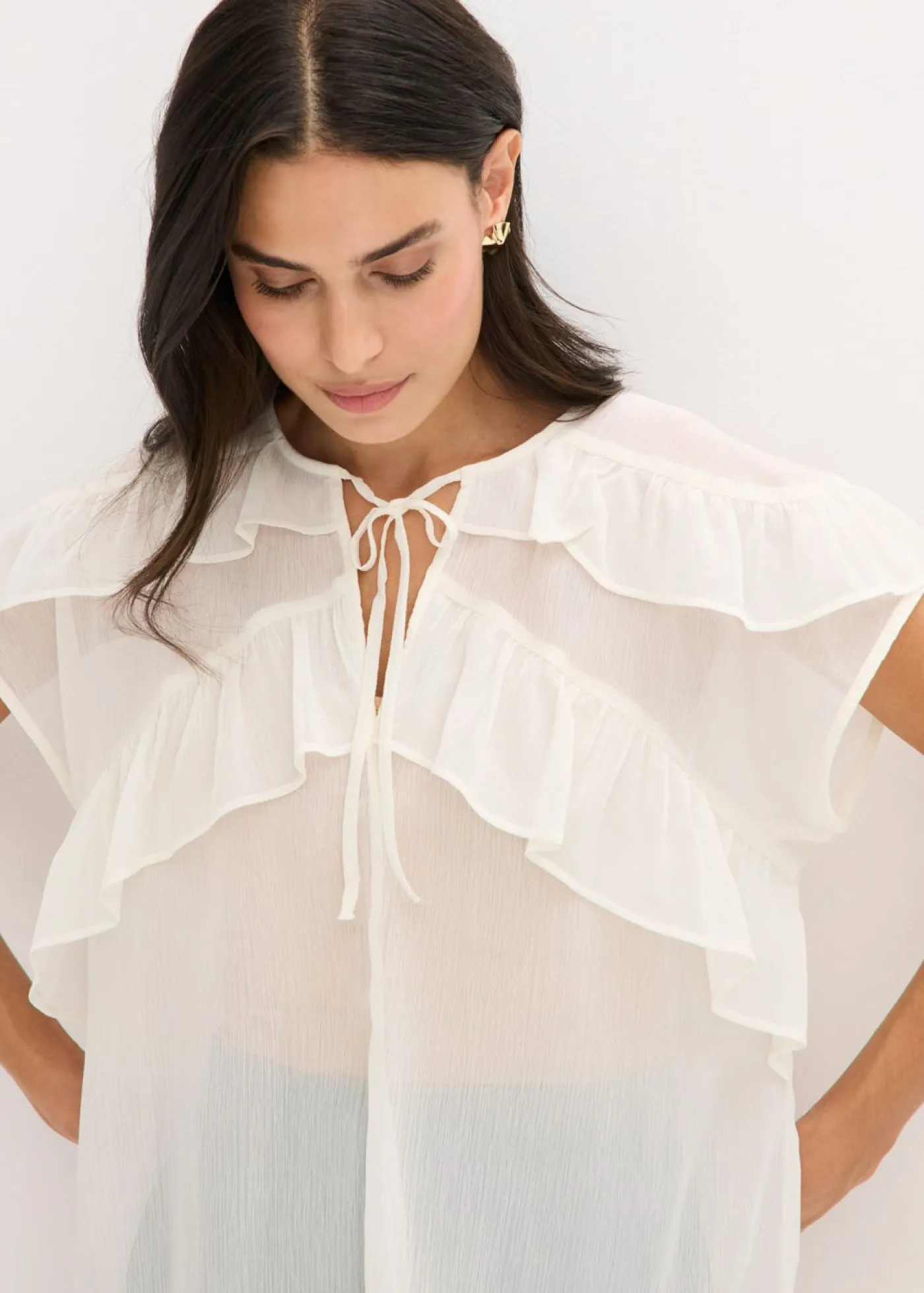 bonprix bonprix Camisas Y Blusas>Blusa de gasa con volantes Blanco lana