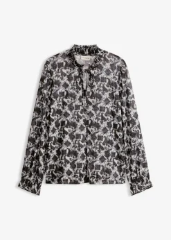 bonprix bonprix Camisetas>Blusa de malla fina Negro-blanco lana con patrón paisley