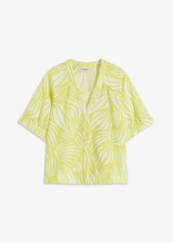 bonprix bonprix Camisas Y Blusas>Blusa de manga corta con aspecto de lino amarillo cítrico-blanco lana