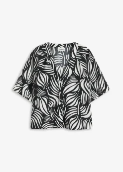 bonprix bonprix Camisas Y Blusas>Blusa de manga corta con aspecto de lino Negro-blanco lana
