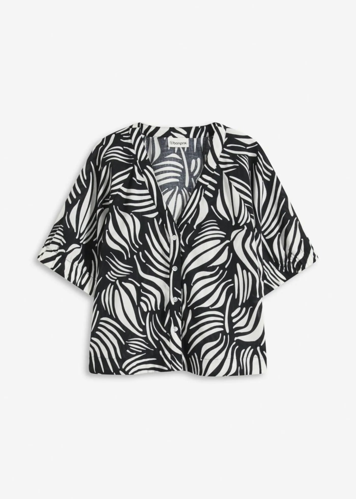 bonprix bonprix Camisas Y Blusas>Blusa de manga corta con aspecto de lino Negro-blanco lana