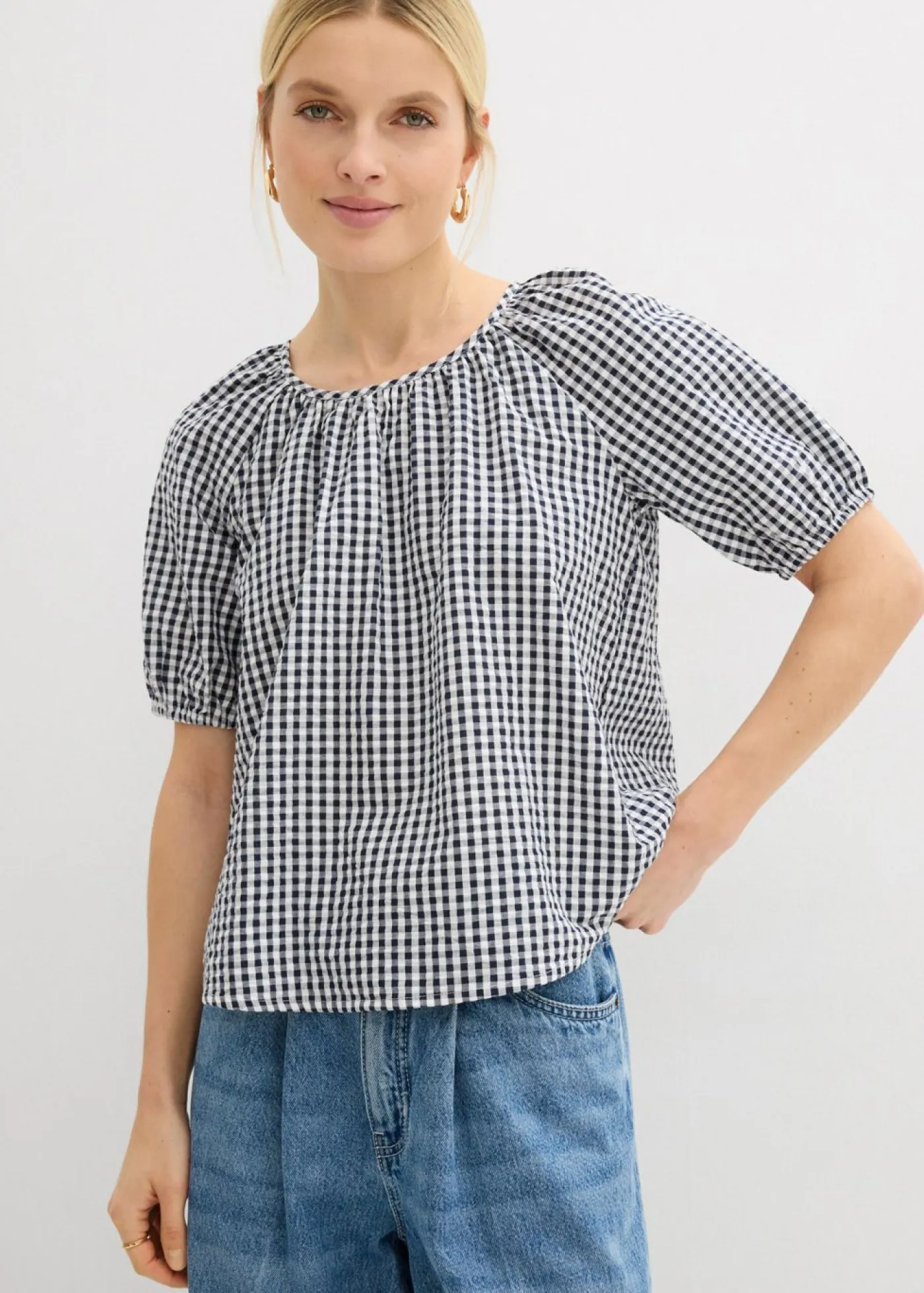 bonprix bonprix Camisas Y Blusas|Novedades>Blusa de manga corta de algodón puro Azul marino-blanco