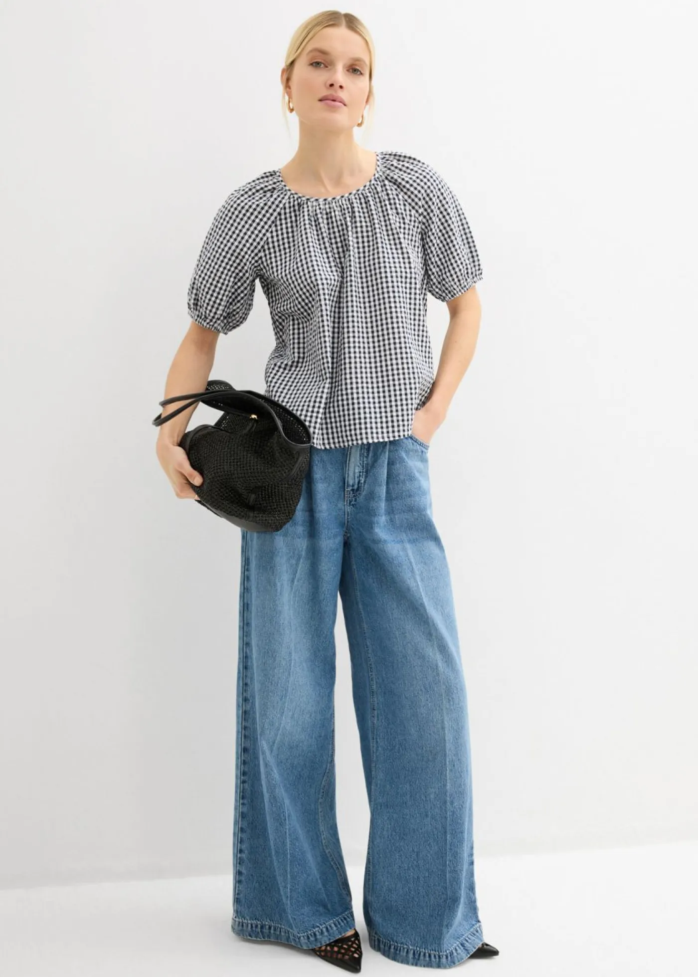 bonprix bonprix Camisas Y Blusas|Novedades>Blusa de manga corta de algodón puro Azul marino-blanco