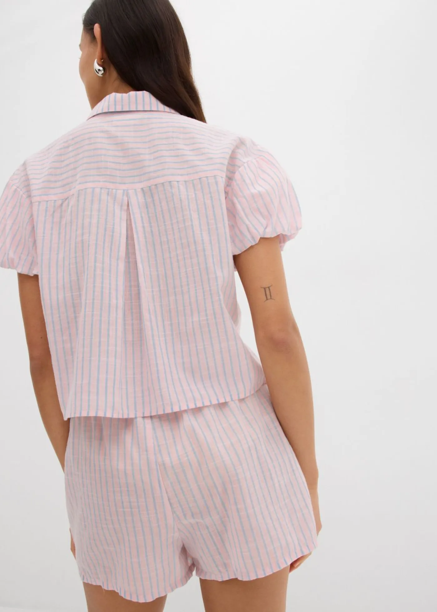 bonprix bonprix Camisas Y Blusas>Blusa de manga corta de algodón puro rosa pastel-azul claro con rayas