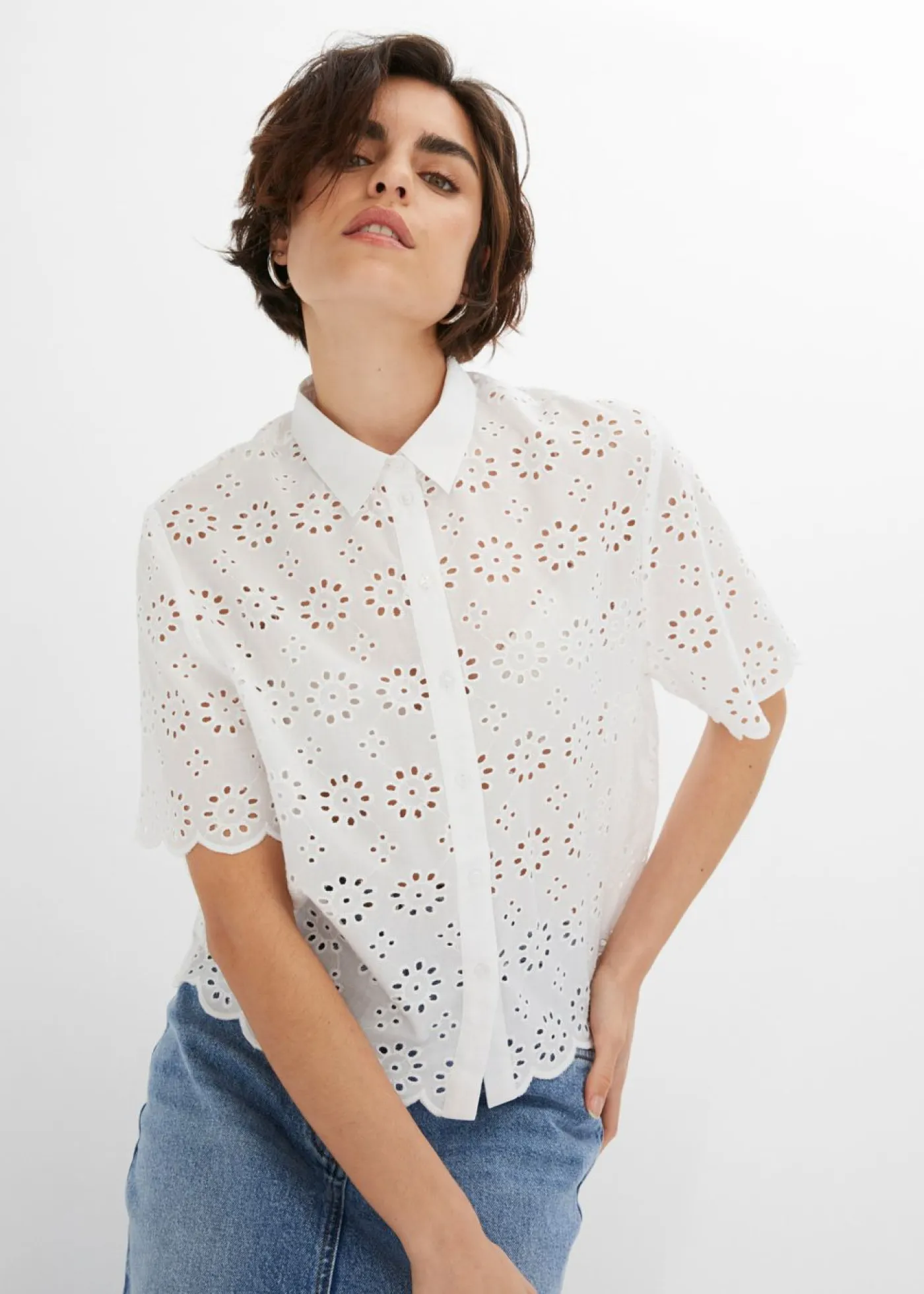 bonprix bonprix Camisas Y Blusas>Blusa de manga corta de algodón puro Blanco