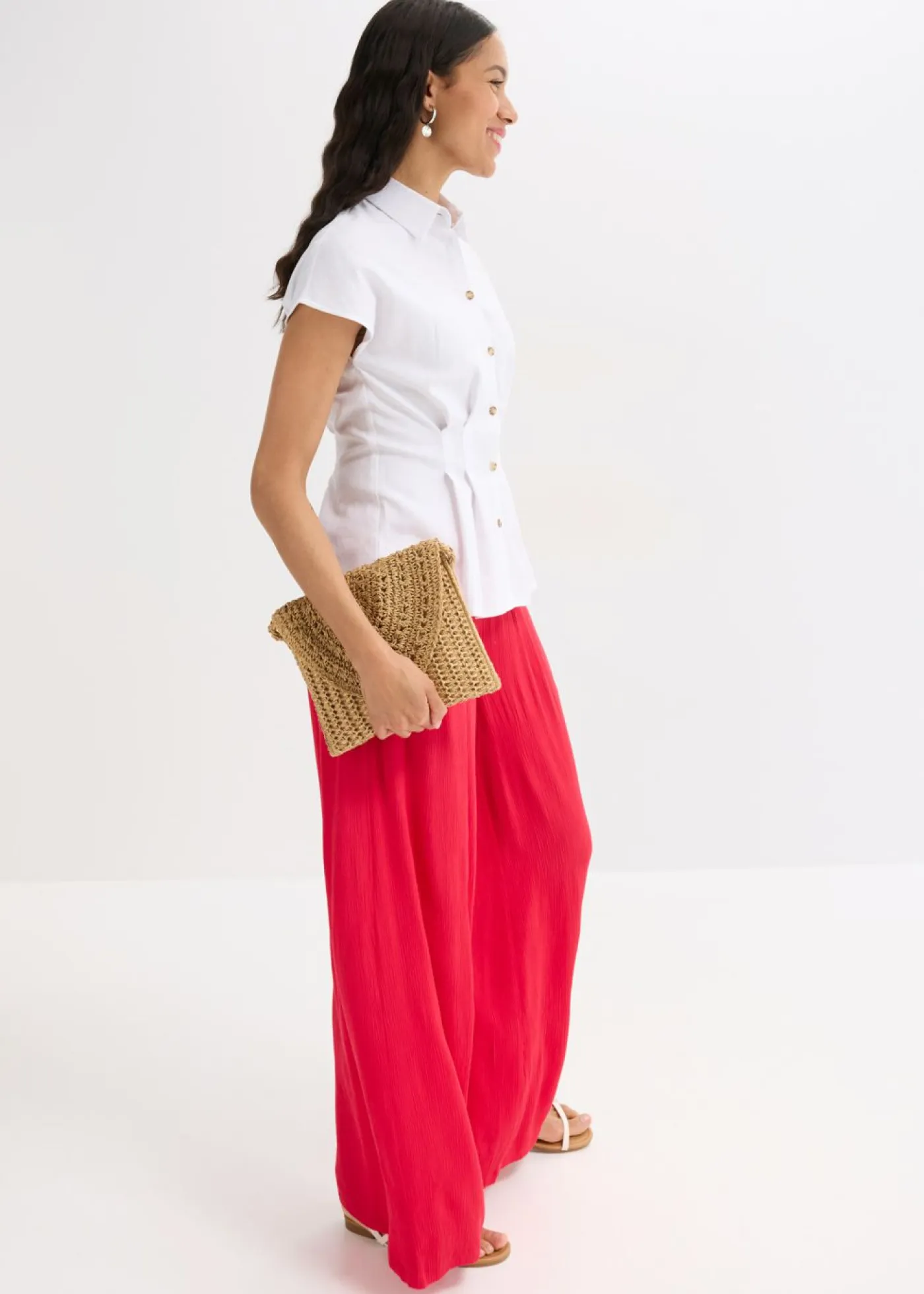 bonprix bonprix Camisas Y Blusas>Blusa de manga corta de mezcla de lino vaporoso Blanco