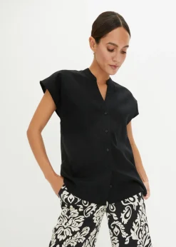 bonprix bonprix Camisas Y Blusas>Blusa de manga corta de mezcla de lino vaporoso Negro