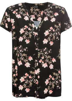 bonprix bonprix Camisas Y Blusas|Novedades>Blusa de manga corta de viscosa pura Negro con flores