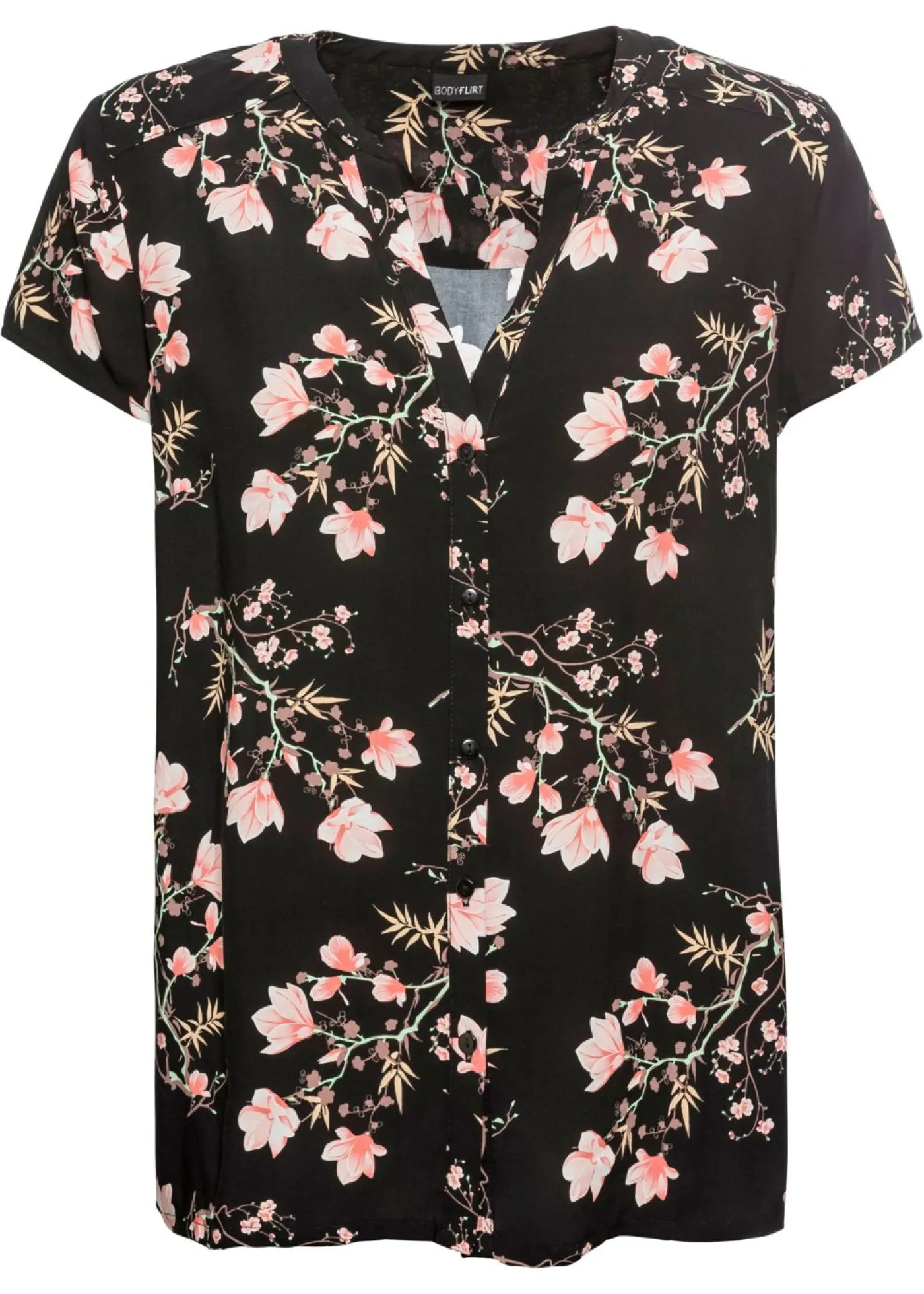bonprix bonprix Camisas Y Blusas|Novedades>Blusa de manga corta de viscosa pura Negro con flores