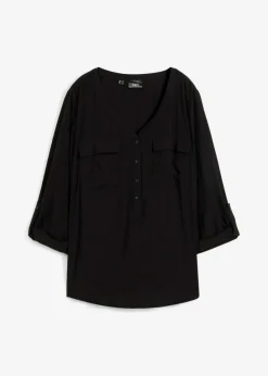 bonprix bonprix Camisas Y Blusas>Blusa de manga larga con escote en V de viscosa fluida Negro