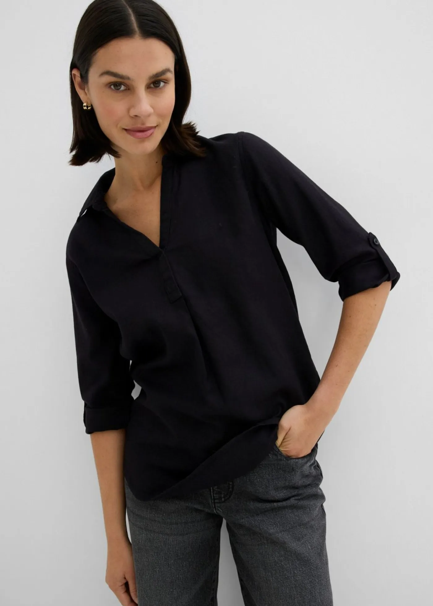 bonprix bonprix Camisas Y Blusas|Novedades>Blusa de mangas 3/4 con lino Negro